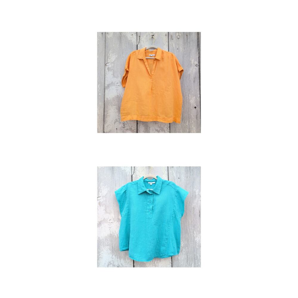 Chico's 100% Linen Boxy LagenLook Earthy (2) Tops Teal / Tangerine Woemn's 12